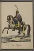 Plansch med uniform för Livregementets husarer. Handkolorerad litografi efter original av Johan Sjöholm. Ingår i planschsamlingen Kongliga svenska arméens uniformer utgiven som stentryck av Müller 1825.