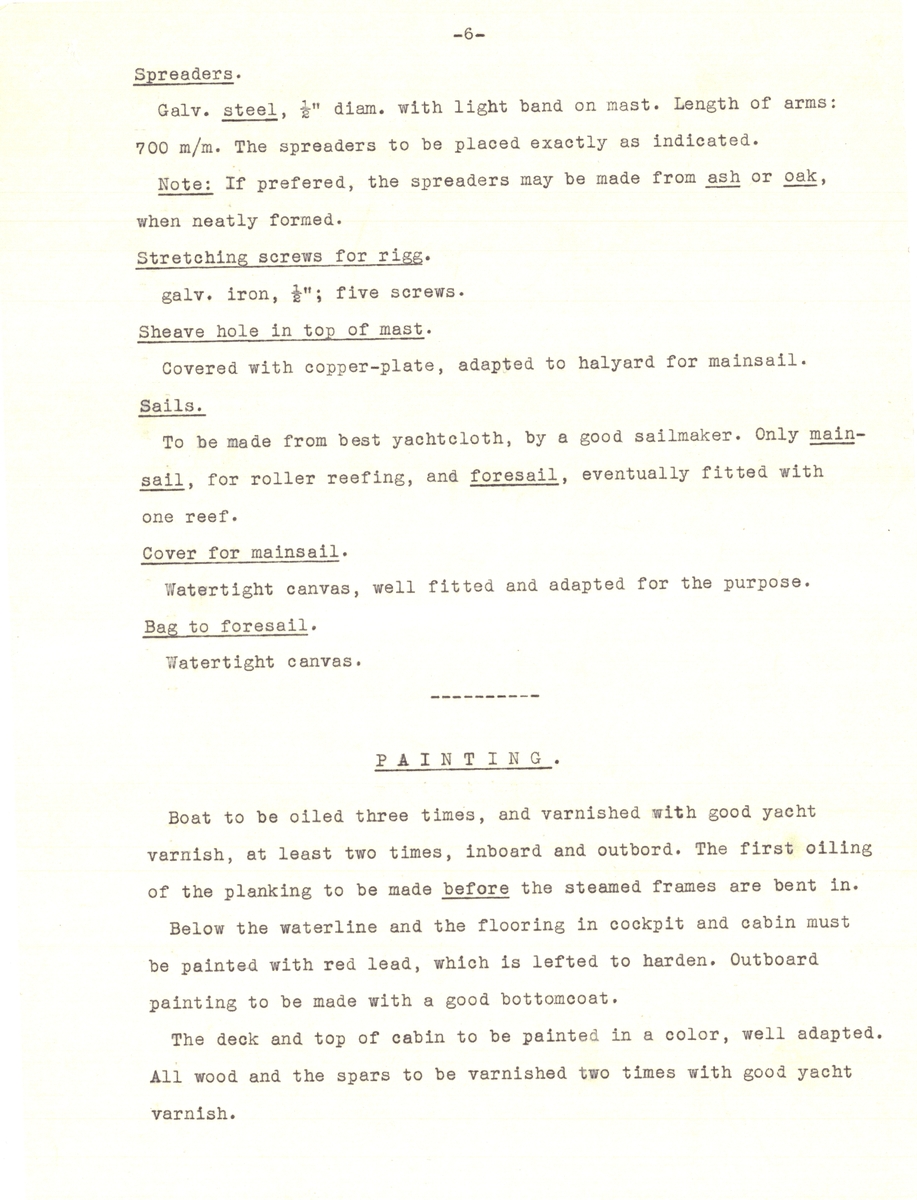 Flertal dokument: Utrustningslista, arbetsbeskrivning samt specifikation för båten (på engelska).

EJDERN, 15 kvm pojkbåt ritad av Erik Salander 1926.