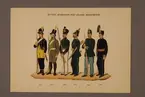 Plansch i färgtryck med uniform för Jämtlands fältjägarregemente för åren 1779-1888. Ingår i planschsamlingen Svenska krigsmaktens fordna och nuvarande munderingar utgiven av P.B Eklund 1900-1905.