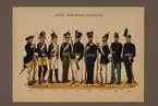 Plansch i färgtryck med uniform för Skaraborgs regemente för åren 1765-1888. Ingår i planschsamlingen Svenska krigsmaktens fordna och nuvarande munderingar utgiven av P.B Eklund 1900-1905.