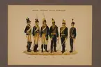 Plansch i färgtryck med uniform för Smålands husarregemente för åren 1779-1888. Ingår i planschsamlingen Svenska krigsmaktens fordna och nuvarande munderingar utgiven av P.B Eklund 1900-1905.