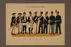 Plansch i färgtryck med uniform för Hälsinge regemente för åren 1756-1888. Ingår i planschsamlingen Svenska krigsmaktens fordna och nuvarande munderingar utgiven av P.B Eklund 1900-1905.