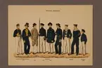 Plansch i färgtryck med uniform för Kungliga flottan för åren 1779-1849. Ingår i planschsamlingen Svenska krigsmaktens fordna och nuvarande munderingar utgiven av P.B Eklund 1900-1905.