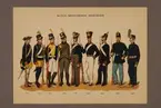 Plansch i färgtryck med uniform för Kronobergs regemente för åren 1756-1888. Ingår i planschsamlingen Svenska krigsmaktens fordna och nuvarande munderingar utgiven av P.B Eklund 1900-1905.