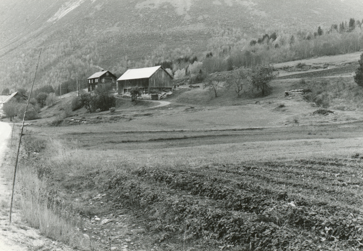 Prospektfotografi av et eldre gårdsbruk i Valldalen.