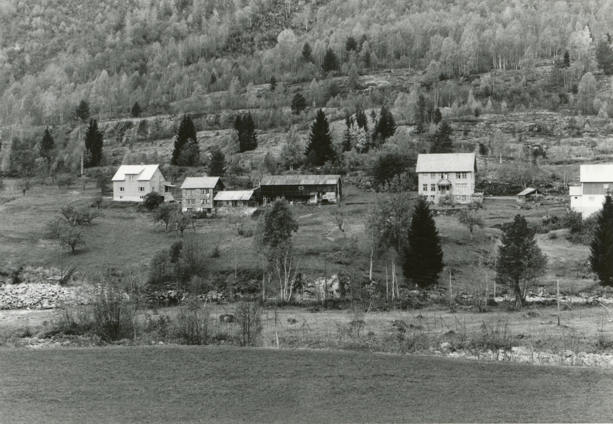 Prospektfotografi av to gårdsbruk i Berli, Valldalen.