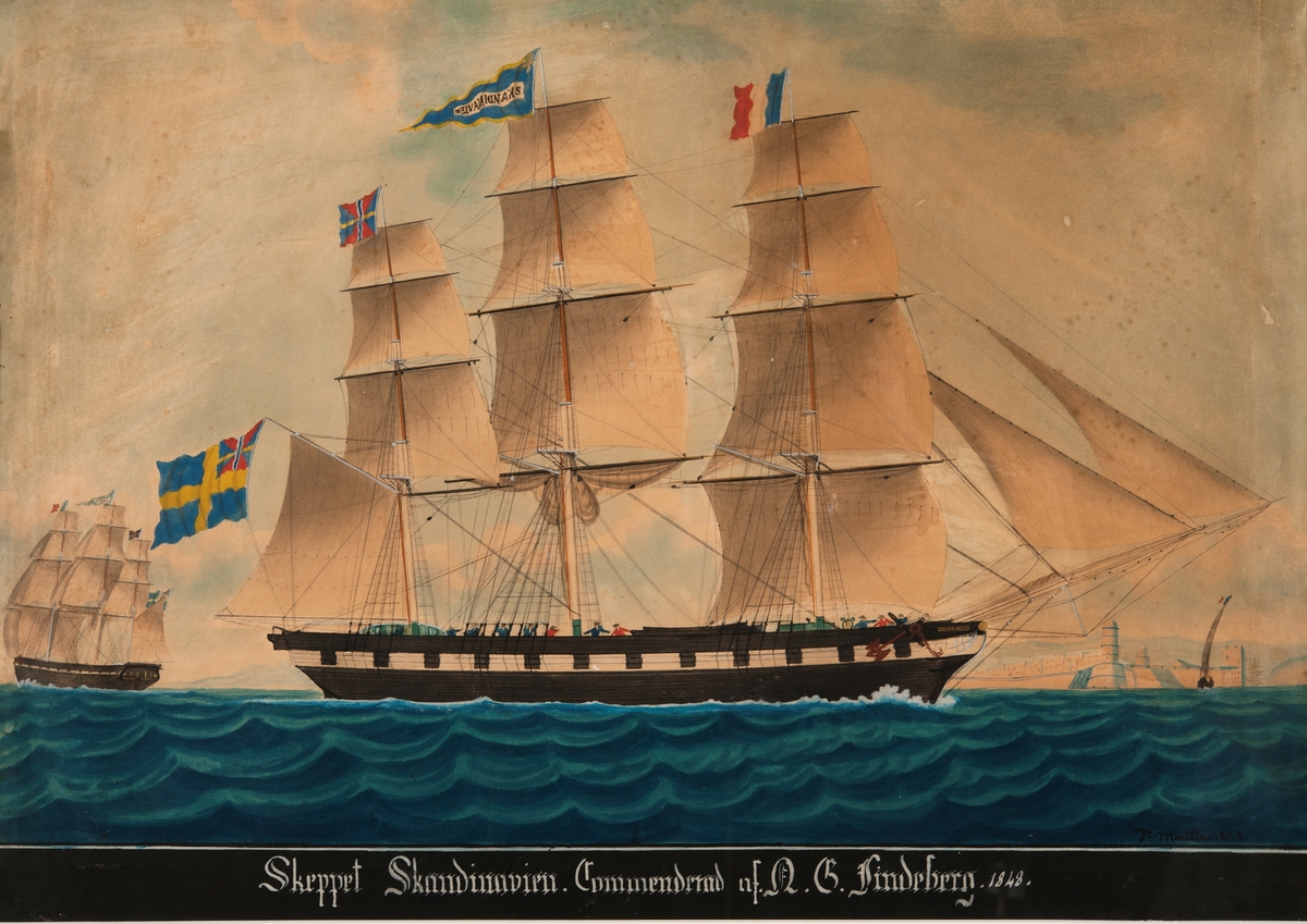 "Skeppet Skandinavien Commenderad af N. G. Lindeberg. 1848.", fullriggaren ligger för styrbords halsar, visande lovartsidan. Svartmålat skrov med "nelsonmålning", namnet i galjon, förtopp med fransk flagg, stortopp: namnvimpel, mesan: unionsgös, flagga under gaffeln. Till vänster samma fartyg på läns, t.h. Marseilles inlopp.