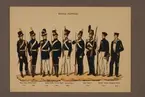 Plansch i färgtryck med uniform för Flottan för åren 1779-1902. Ingår i planschsamlingen Svenska krigsmaktens fordna och nuvarande munderingar utgiven av P.B Eklund 1900-1905.