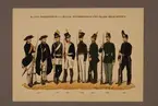 Plansch i färgtryck med uniform för Norrbottens och Västerbottens fältjägarregemente för åren 1765-1888. Ingår i planschsamlingen Svenska krigsmaktens fordna och nuvarande munderingar utgiven av P.B Eklund 1900-1905.