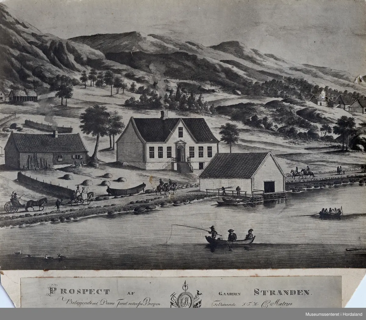 Kopi av prospekt av lyststedet Stranden mellom Uren og Gyldenpris. 
"Prospect af Gaarden Stranden 
Beliggende ved Damsfiord vestenfor Bergen, Tilhørende C. Meltzer."