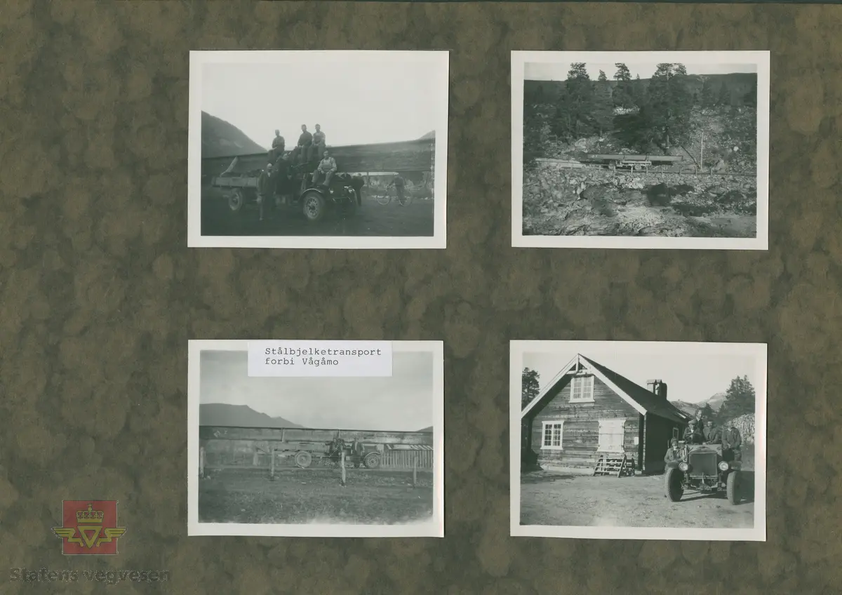 Album fra 1929-1943.  "Stålbjelketransport  forbi Vågåmo."  Knyttes til bildene NVM 00-F-32866, NVM 00-F-32867, NVM 00-F-32868.

23.06.2015: For sin tid var dette en stor lastebil.
24.06.2015: E-156 i fra Skjaakbilene er en Federal. 
25.06.2015: A/S Skjaakbilene ble etablert i 1919. De overtok da en Opel lastebil  i fra  Skjaak almenning. I bilsakskyndig A. Skaar sin regprotokoll ble bilen da tildelt regnr. E-156. Bilen ble solgt i 1921  og E-156 ble overført til en Federal med samme eier.  I reglistene for 1925 og 1930 er det fortsatt en Federal på dette  regnr.  Bilen på bildet er en tidlig 20 talls Federal. (Informant til kjøretøyet på bildet v/tidligere daglig leder John Hindklev ved Norsk Kjøretøyhistorisk Museum). 
25.06.2015: Årsmodell 1923 iflg. Norges Bilbok 1935, hvor den fortsatt står på samme eier. Merke og årstall stemmer med Tad Burness: American Truck Spotter's Guide 1920 - 1970.