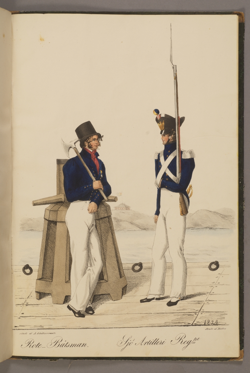 Plansch med uniform för båtsman och Sjöartilleriet. Handkolorerad litografi efter original av Adolf Ulric Schützercrantz. Ingår i planschsamlingen Kongliga svenska arméens uniformer utgiven som stentryck av Müller 1825.