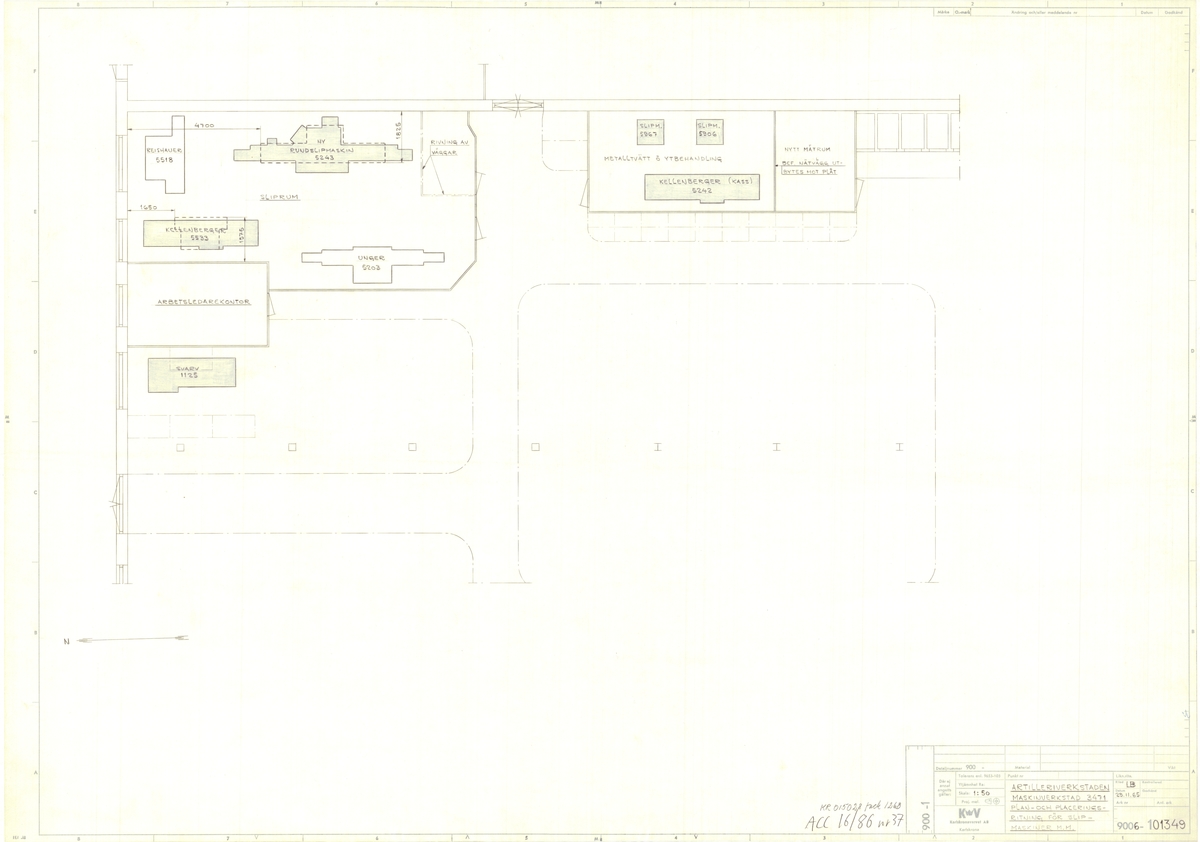 Artilleriverkstaden, maskinverkstad 3471 plan- och placeringsritning för slipmaskiner m.m.