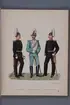 Plansch i färgtryck med uniform för Svea Livgarde, Livgardet till häst och Andra livgardet. Ingår i boken Svenska arméns och flottans uniformer, utgiven av P.B Eklund 1891.