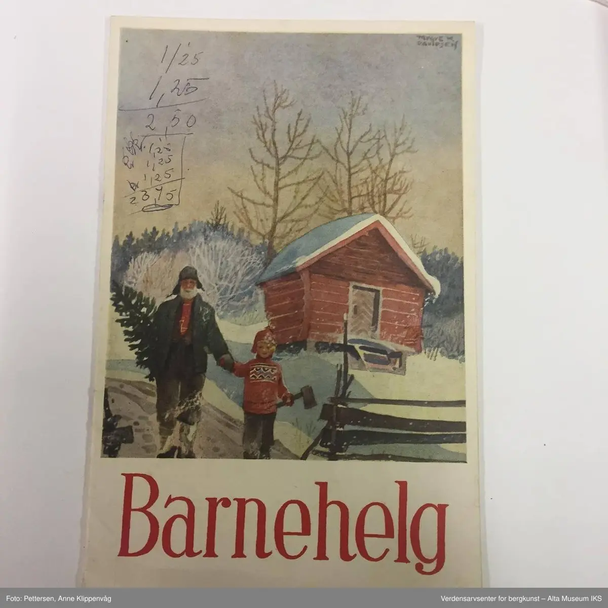 Form: Varierende firkantede formater.

 A) "Evangelisten" Julenummer 1958, 
B) "Høstblomsten" Julen 1950, 
C) "Sambaandet" 1953 og 1957,
D) "Hjemmets Venn" Julen 1958, 
E) "Bonde og småbruker" Julen 1958, 
F) "Dag over Norge" Julenummer 1945 (2 ex), 
G) "Krigsropet" Julen 1952, 
H) "Kristen ungdom" Julen 1953,
 I) "Kooperatøren" Julenummer 1955, 
J) "Samenes venn" Juleboken 1947 (bare omslag), 1958 og 1959, K) "K.F.U.K. speidernes blads julenummer" 1947, L) "Glade Jul" 1959 (utg.: Det Norske Misjonsselskap), M) "Barnas Søndagsblad" Julen 1958, N) "Barnehelg" Julen 1951, 1952, 1953, 1958, O) hefte uten omslag (utg.: Den norske sjømannsmisjon) >1951