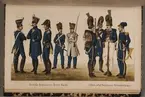 Royal Suédois. Jägare av Livregementets grenadjärkår. Uniformsteckning av Carl Johan Ljunggren tryckt i boken Minnesanteckningar under 1813 och 1814 års kampanjer uti Tyskland och Norge, utgiven 1855.