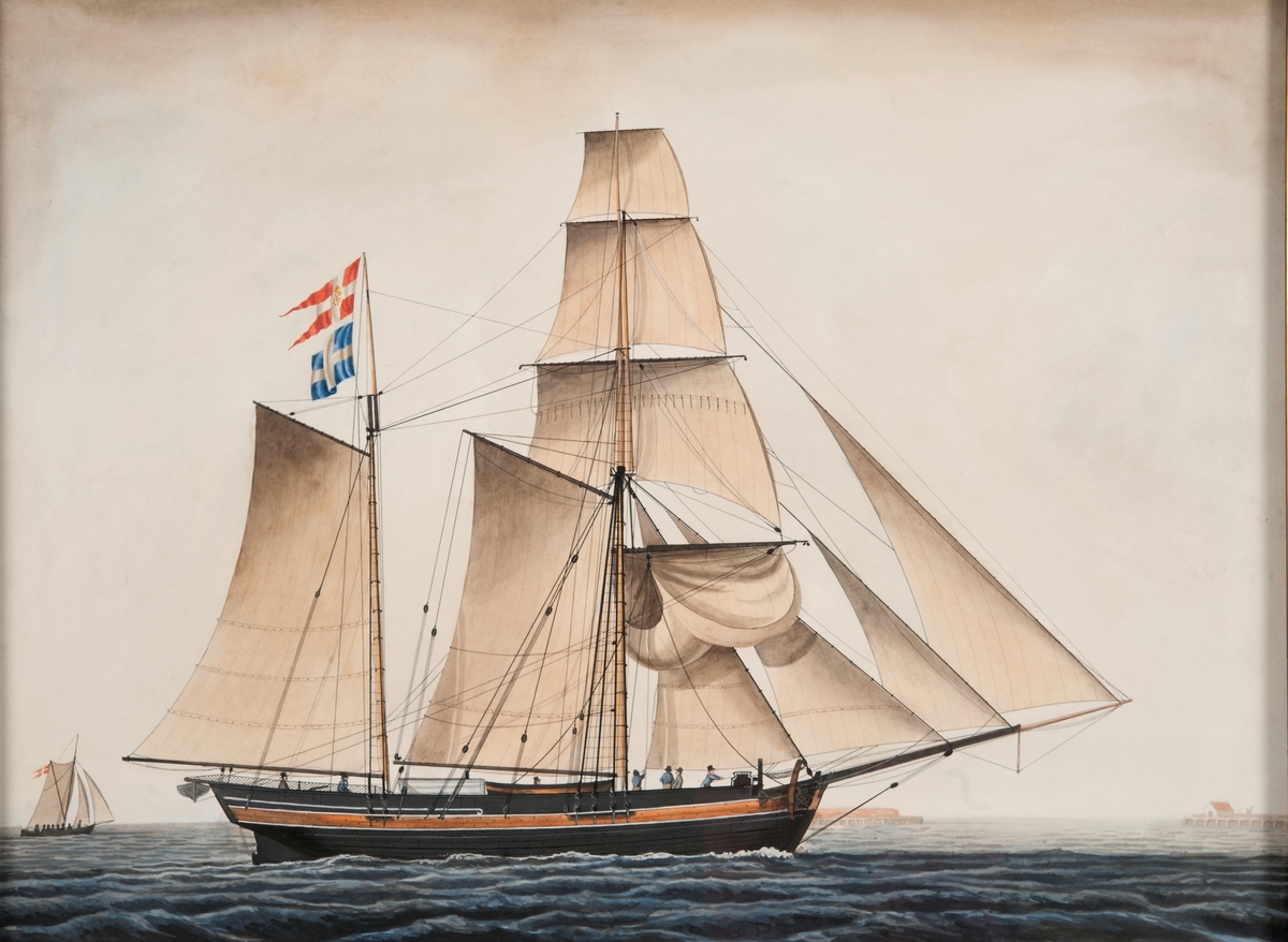 "Galeasen Amalia Capt:n. Johann Fr. Karstens blev udkappet af den fiendl. Convoy af Capern Samueline Capt.Schals á 1813". Fartyget ligger för styrbords halsar, visande lovarts sida, förande alla segel. Focken uppgigad. På mesantoppen, dansk tvåtungad flagga samt svensk handelsflagga.
