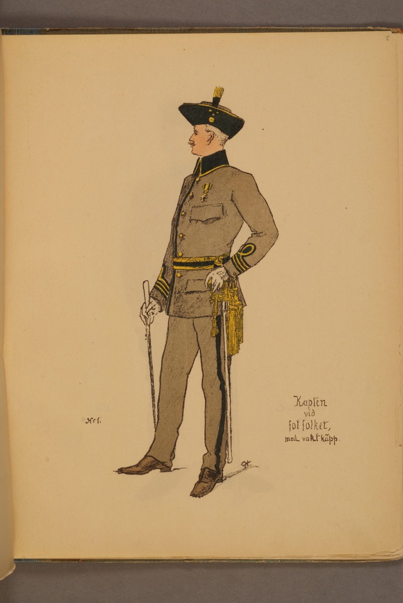 Kapten vid fotfolket med vaktkäpp iförd uniform m/1906. Illustration av Carl Hellström i skriften Huvudsakliga innehållet af Generalorder den 26 okt. 1906 n:r 1170-1176.