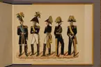 Plansch i färgtryck med uniform för fältmarskalk, general och generalstaben för åren 1814-1845. Ingår i planschsamlingen Svenska arméns och flottans officersmunderingar utgiven av P.B Eklund.
