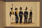 Plansch i färgtryck med uniform för Svea livgarde för åren 1816-1888. Ingår i planschsamlingen Svenska arméns och flottans officersmunderingar utgiven av P.B Eklund.