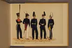 Plansch i färgtryck med uniform för Göta livgarde för åren 1816-1888. Ingår i planschsamlingen Svenska arméns och flottans officersmunderingar utgiven av P.B Eklund.