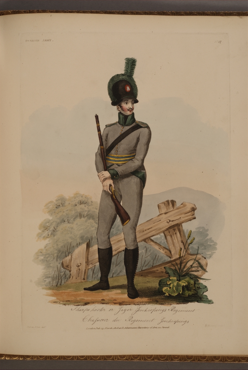 Plansch med uniform för Skarpskytt eller jägare vid Jönköpings regemente, ritad av Frederic Eben i boken The Swedish Army, utgiven 1808.