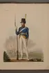 Plansch med uniform för Bousläns regemente, ritad av Frederic Eben i boken The Swedish Army, utgiven 1808.