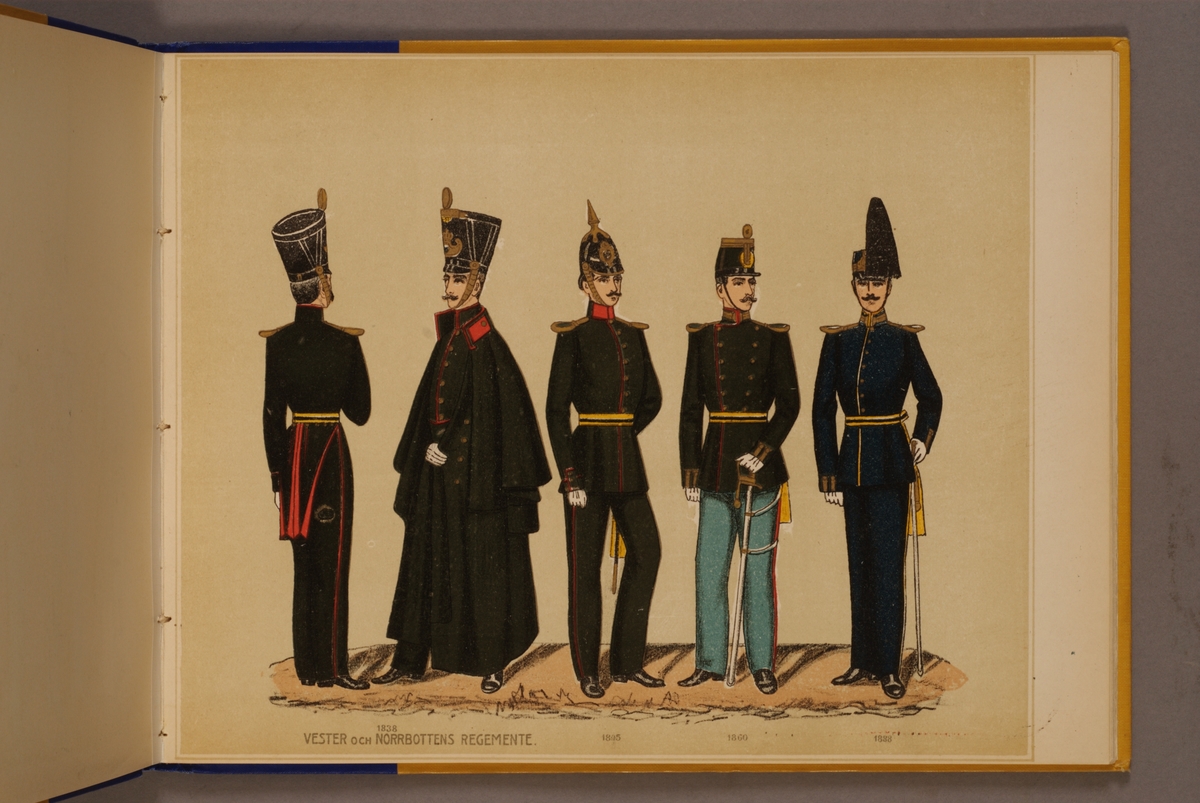 Plansch i färgtryck med uniform för Västerbottens regemente och Norrbottens regemente för åren 1838-1888. Ingår i planschsamlingen Svenska arméns och flottans officersmunderingar utgiven av P.B Eklund.