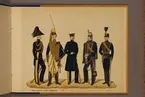 Plansch i färgtryck med uniform för Skånska husarregemente för åren 1806-1888. Ingår i planschsamlingen Svenska arméns och flottans officersmunderingar utgiven av P.B Eklund.