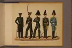 Plansch i färgtryck med uniform för Norrlands dragoner för åren 1819-1899. Ingår i planschsamlingen Svenska arméns och flottans officersmunderingar utgiven av P.B Eklund.