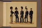 Plansch i färgtryck med uniform för Första Svea artilleriregemente för åren 1816-1888. Ingår i planschsamlingen Svenska arméns och flottans officersmunderingar utgiven av P.B Eklund.