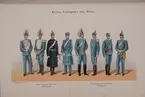 Plansch med uniform för Livgardet till häst under Karl XV regering och Oscar II regering. Ingår i boken Svenska krigsmakten under konungarna Carl XIV Johan, Oscar I, Karl XV, Oscar II, utgiven av P.B. Eklund.