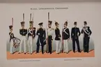 Plansch med uniform för Livregementets grenadjärer under Karl XIV Johans regering och Oscar I regering. Ingår i boken Svenska krigsmakten under konungarna Carl XIV Johan, Oscar I, Karl XV, Oscar II, utgiven av P.B. Eklund.