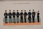 Plansch med uniform för Livregementets grenadjärer under Karl XV regering och Oscar II regering. Ingår i boken Svenska krigsmakten under konungarna Carl XIV Johan, Oscar I, Karl XV, Oscar II, utgiven av P.B. Eklund.