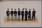 Plansch med uniform för Indelta armèn under Karl XV och Oscar II regering. Ingår i boken Svenska krigsmakten under konungarna Carl XIV Johan, Oscar I, Karl XV, Oscar II, utgiven av P.B. Eklund.