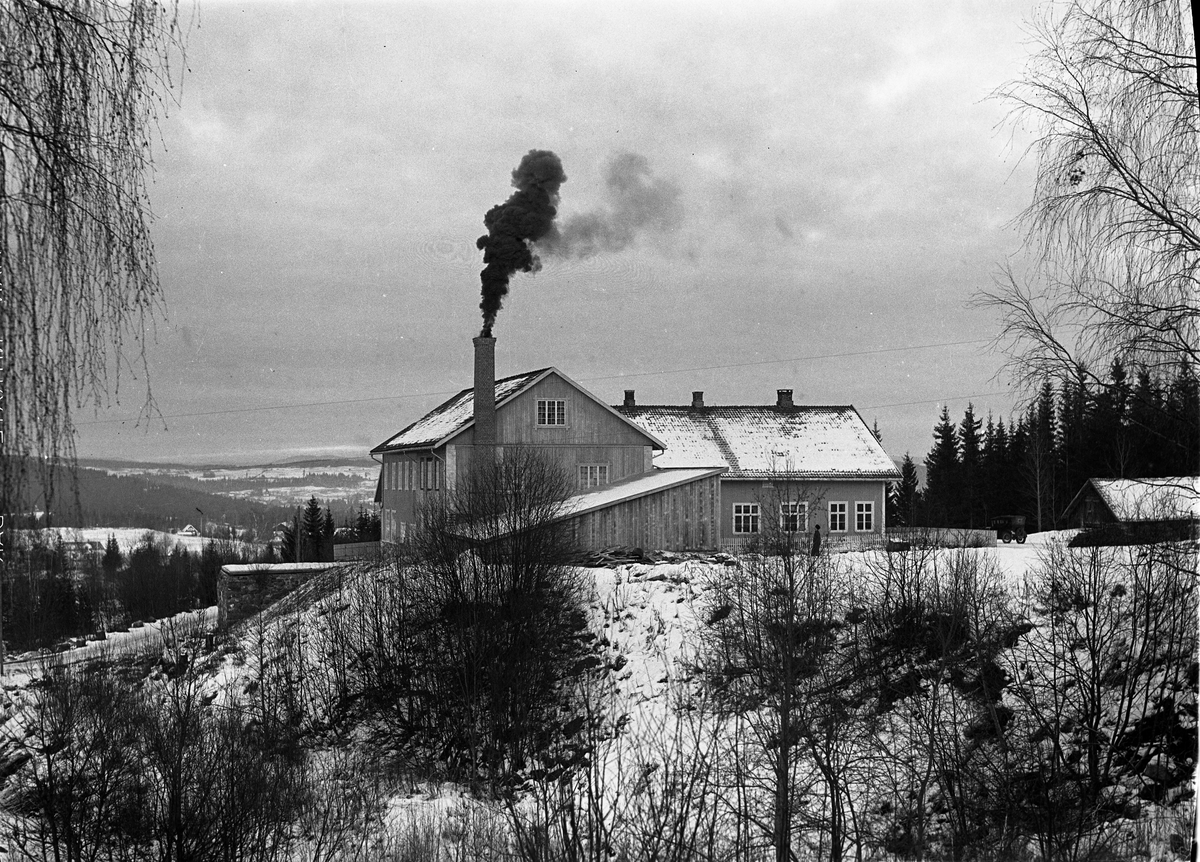 Norsk Fruktmat A/S på Skreia, Ø.Toten. Ca. 1935. Fire bilder av bygget tatt på forskjellig avstand og fra forskjellige vinkler.