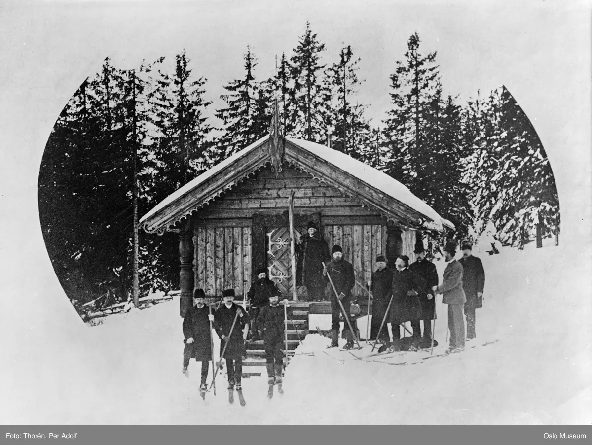 gruppe, menn, konge, ski, stabbur, skog, snø