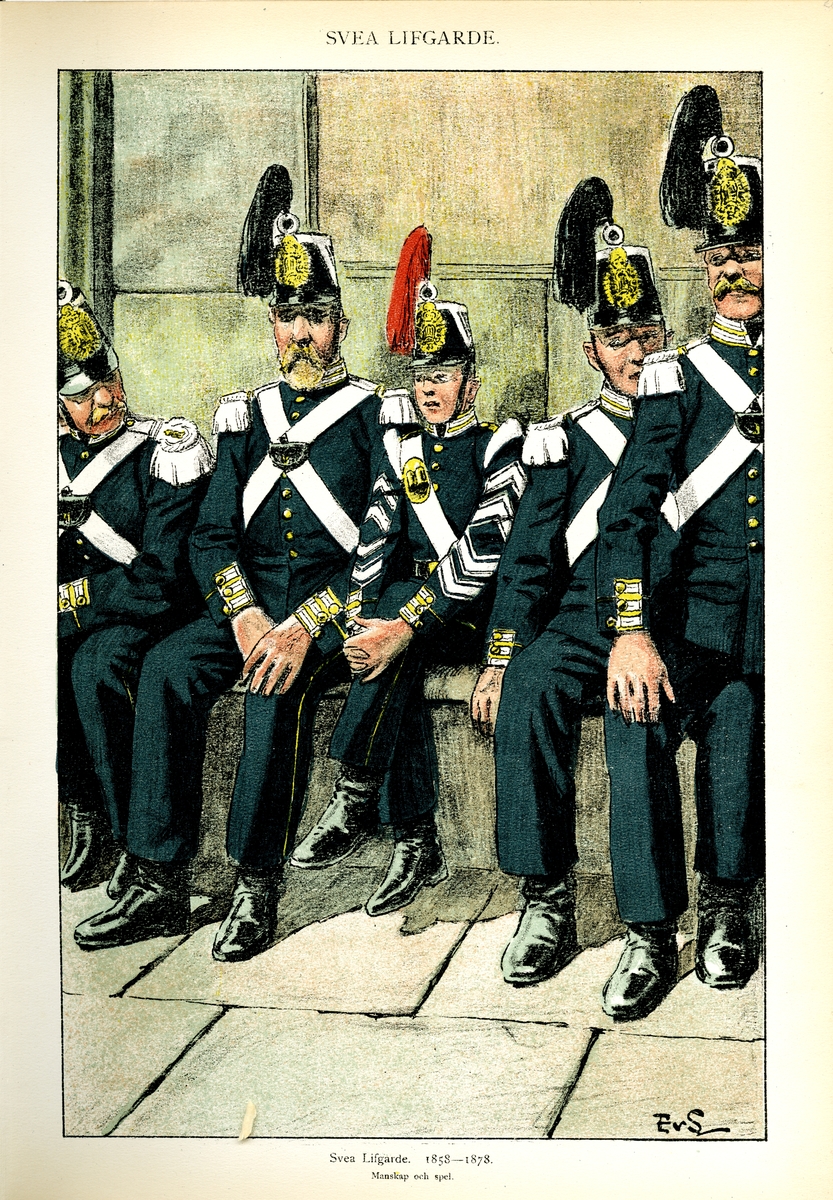 Plansch med uniform för manskap och spel vid Svea livgarde för åren 1858-1978, ritad av Einar von Strokirch. Ingår i planschsamlingen Svenska arméns munderingar 1680-1905.