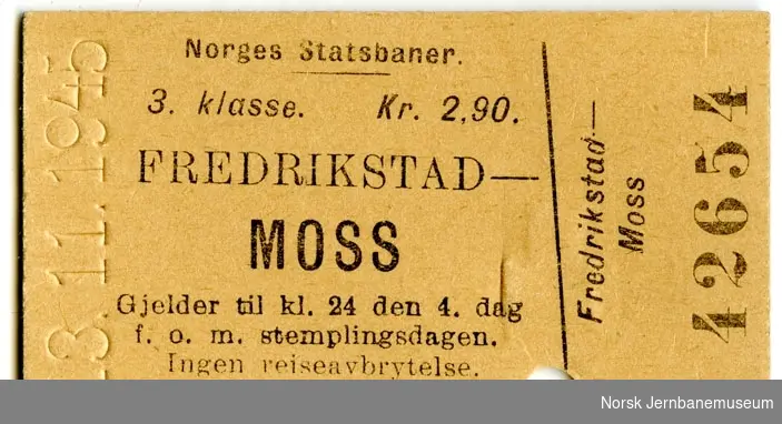 Billett Fredrikstad-Moss, 3. kl.