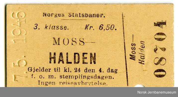 Billett Moss-Halden, 3. kl.