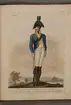 Plansch med uniform för skarpskytt vid Drottningens livregemente, ritad av Frederic Eben i boken The Swedish Army, utgiven 1808.