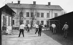 Några unga män spelar volleyboll utanför bostadshusen i Viktoriabyn i Huskvarna.