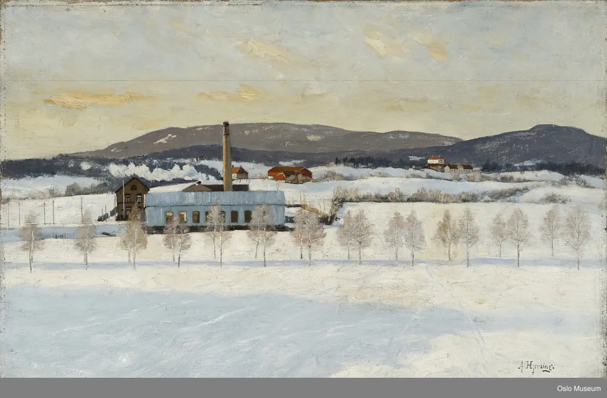 arkitektur landskap sporveisremise gård og åser vintermotiv