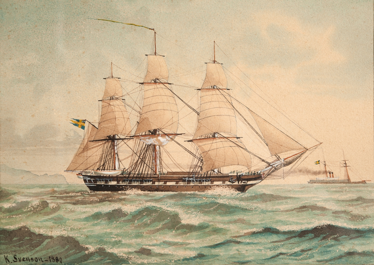 Fregatten NORRKÖPING, byggd 1858. Sedd mot styrbordsidan. Storseglet på väg att slås ut.
Från bomnocken blåser svenska flaggan med unionsmärket. På stortoppen blåser en blå-gul vimpel.
I bakgrunden till höger ett ångfartyg.