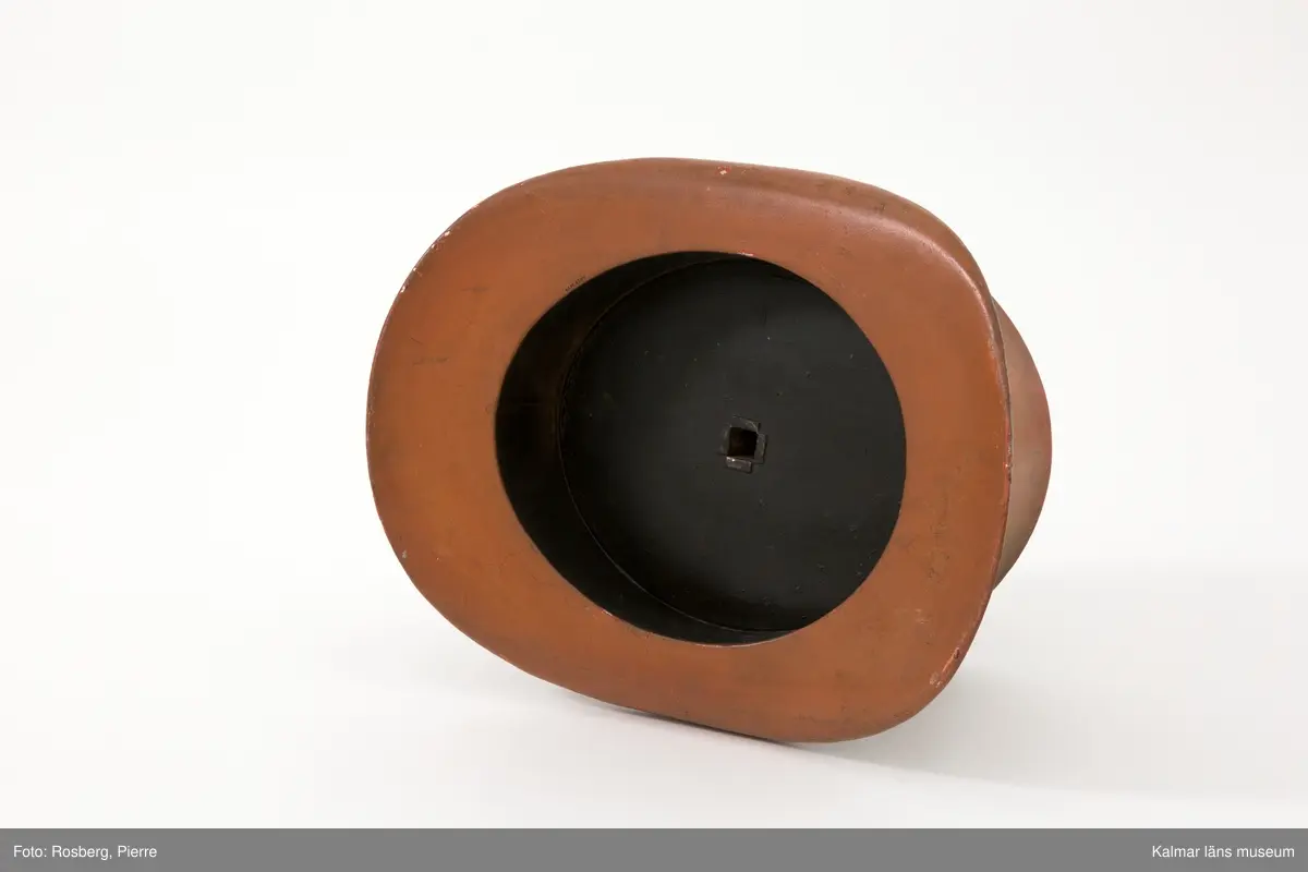 KLM 6304. Hattmakareskylt. Stor rödbrun hatt (s. k. storm) av järnbleck med svart text målad på båda sidor: J.V. Jakobssons ENKA. Tillhörande enkel järnarm för fäste på vägg. Armen är grönlackerad och tillverkad senare, omkring 1995.