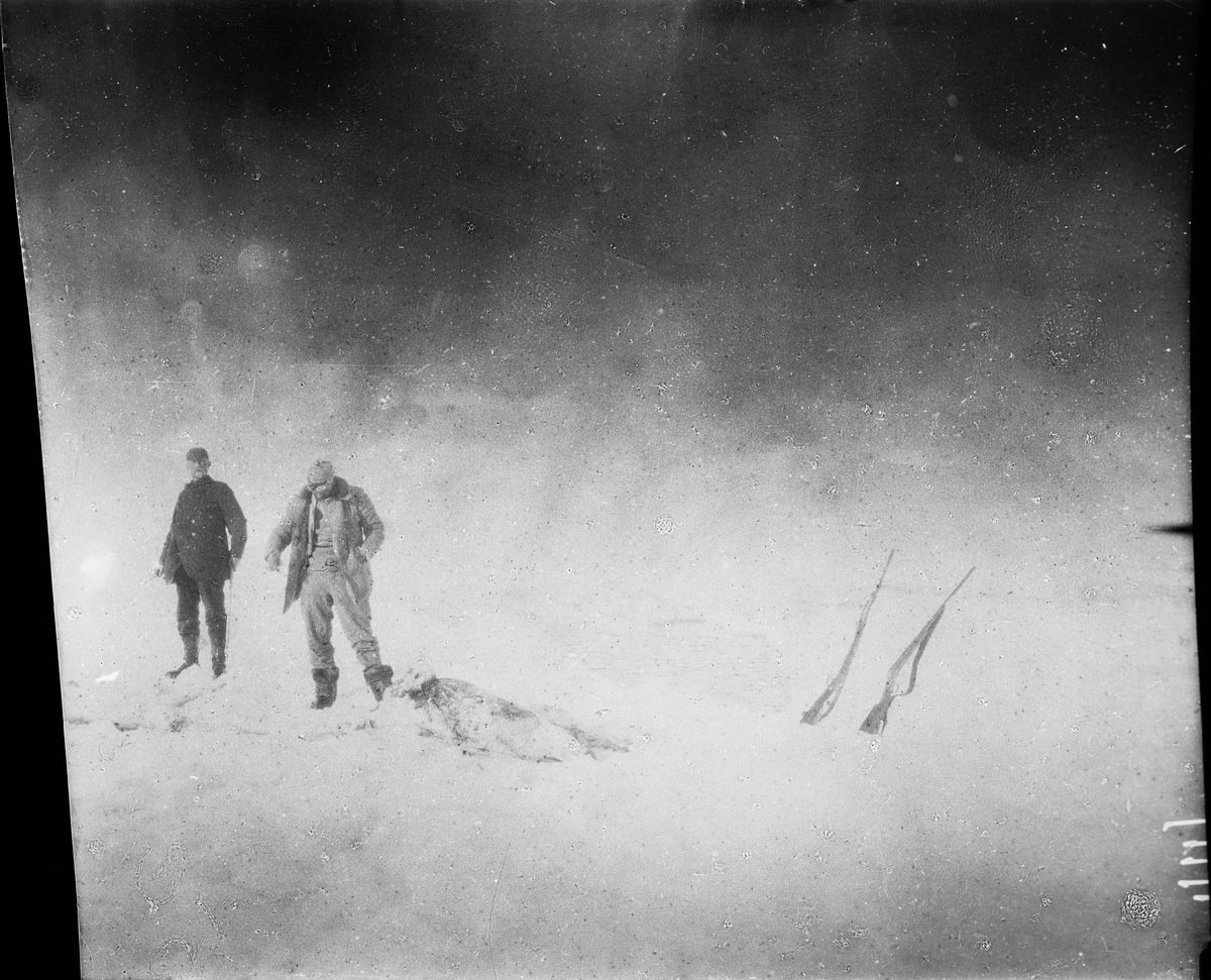 Vid ett jaktbyte. Till vänster Andrée och Fraenkel till höger. Framtagning av bilderna gjordes av docent John Hertzberg år 1930 på Fotografi, Tekniska Högskolan.