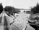 Vy över Necksundet med flottning och järnväg.