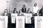Dansband. Anders Heribertz orkester 1950-talet i samband med plantiskarnevalen. Vid pianot orkesterledaren Anders Heribertz, Olof Alsterfjärd saxofon, Ingvar Arrestig trummor, Stig Johansson saxofon, Sven Gunnar Wester trummor, Arne Brissman trumpet, Oddvar Ländell saxofon.