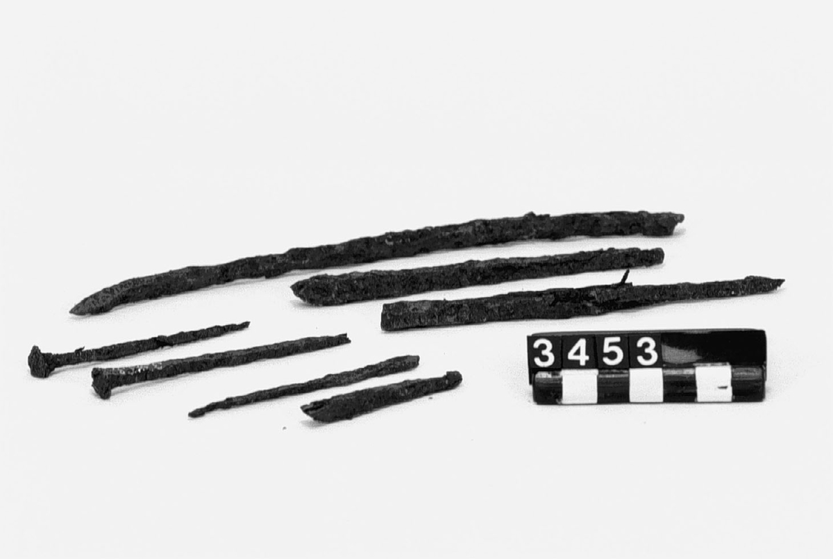 Smidda spikar, samt små stycken av plattjärn. Mått: plattjärn bredd: 15 mm, spikar längd: 55-205 mm.