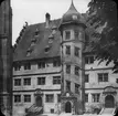 Skioptikonbild med motiv av rådhuset vid Rathausplatz, Rothenburg.